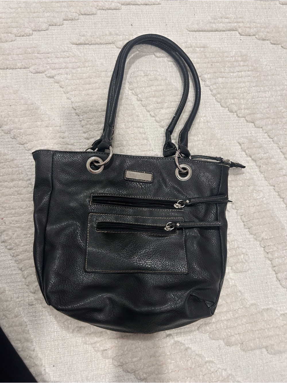 Strada Black Leather Shoulder Bag with Silver Hardware